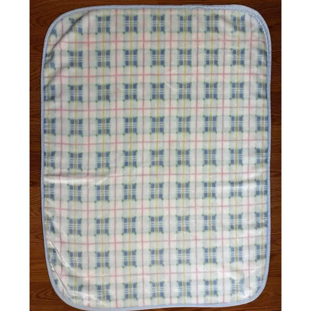 Vintage Springmaid Pastel Plaid Baby Blanket Blue Green Pink Yellow Soft Fleece